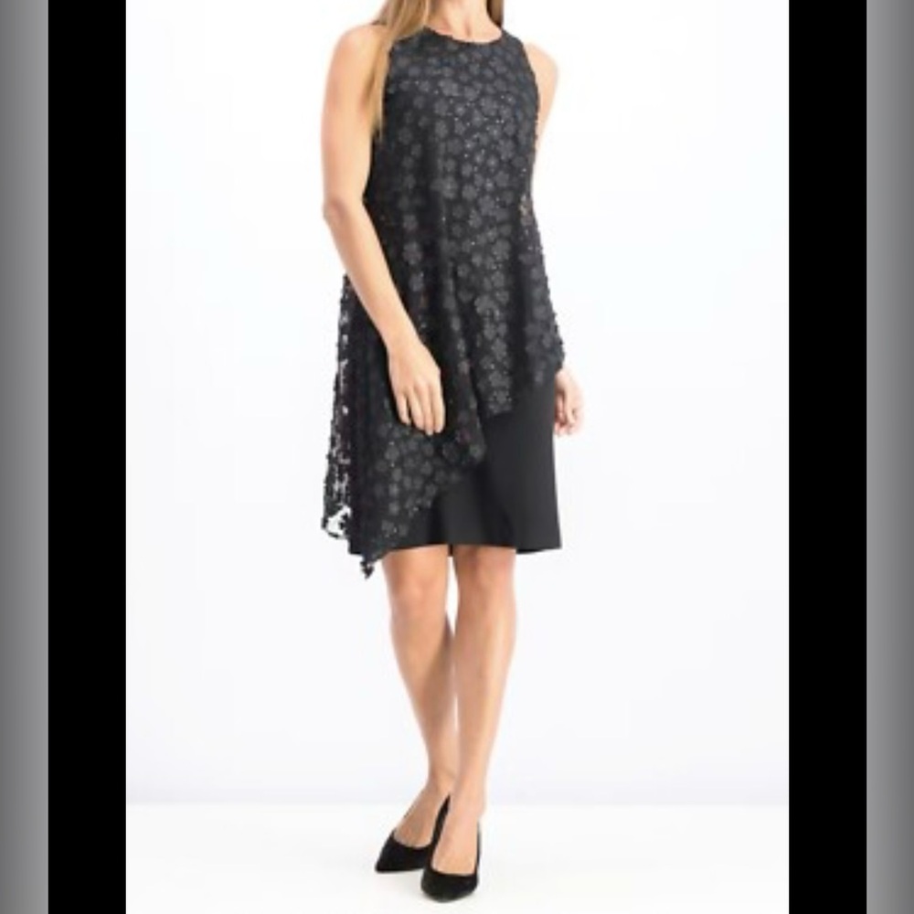 TAHARI Black Asymmetrical Halter Cocktail Dress with Floral Lace Overlay Size 16